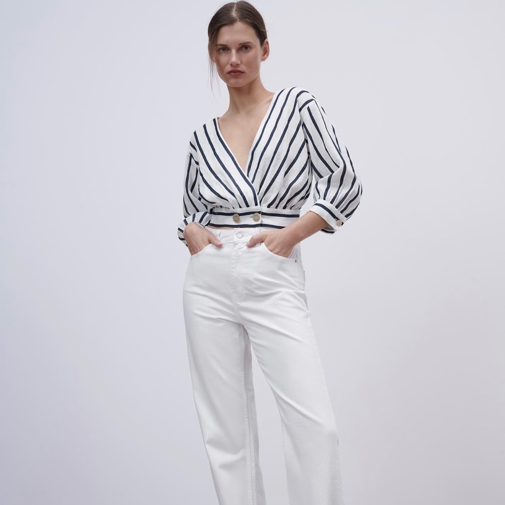 NWT Zara Striped Linen Top Size M Ref. 2703/505